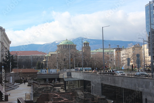 View of the Sofia Archaeological Complex, St. Nedelya Church and the foothills of Vitosha Mountain.
Sofia Bulgaria
 photo