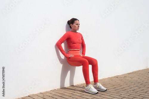 Sporty woman doing squats against a white wall outside in the sun.