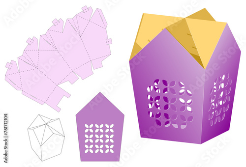 Retail Box with Blueprint Template. Cardboard Shaped Opening Carry Box Bag Packaging,  Portable Container, Isolated On White Background. Die-stamping.