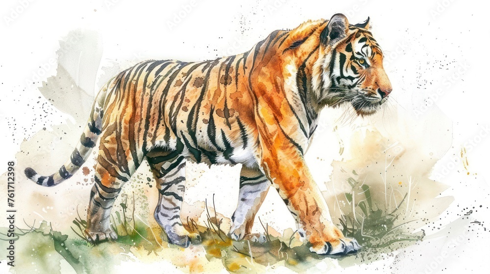 Obraz premium Tiger watercolor illustration isolated on white background .hand painted. Paint strokes. Ink drop.