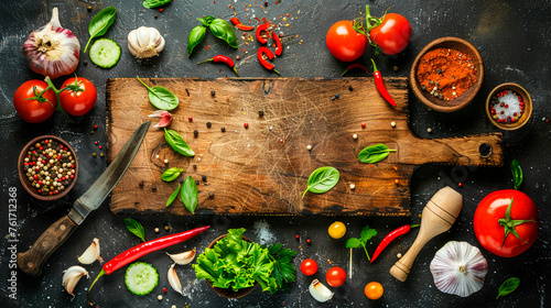 Fresh vegetables and herbs on a board. Selective focus.