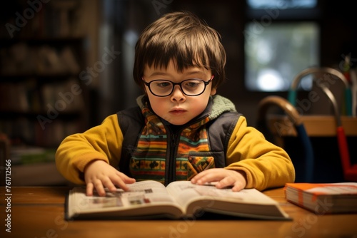 Young Boy Reading Book at Table
