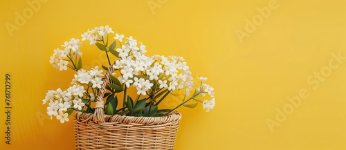 Wooden basket with flowering summer field daisies and violet wildflowers isolated on yellow background. AI generated illustration © moon
