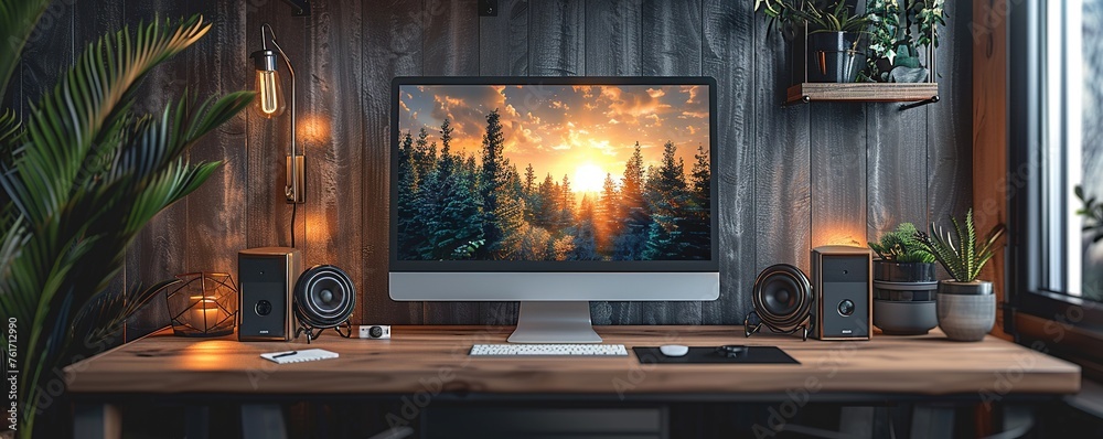 Home workplace with computer monitor and decor