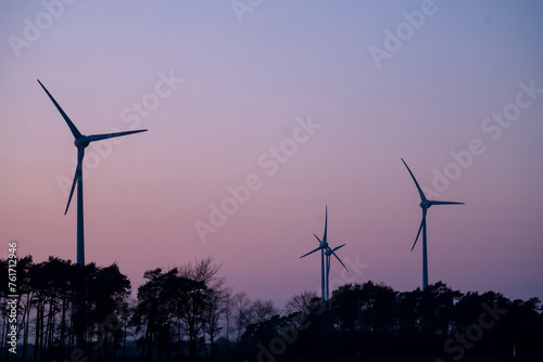 Windkraftanlagen im Sonnenuntergang mit Bäumen im Wald und Krähen