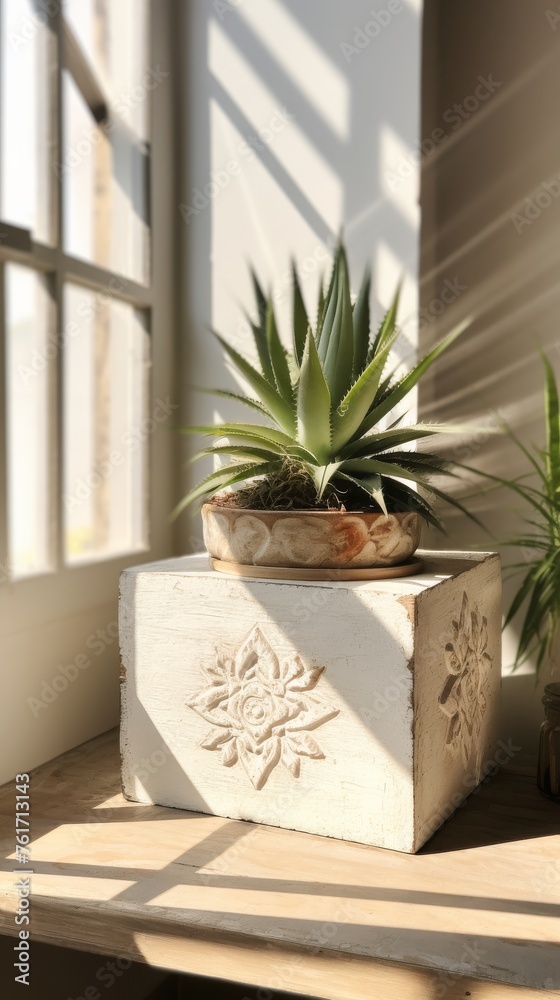 Potted Plant on Wooden Shelf Potted Plant on Wooden Shelf