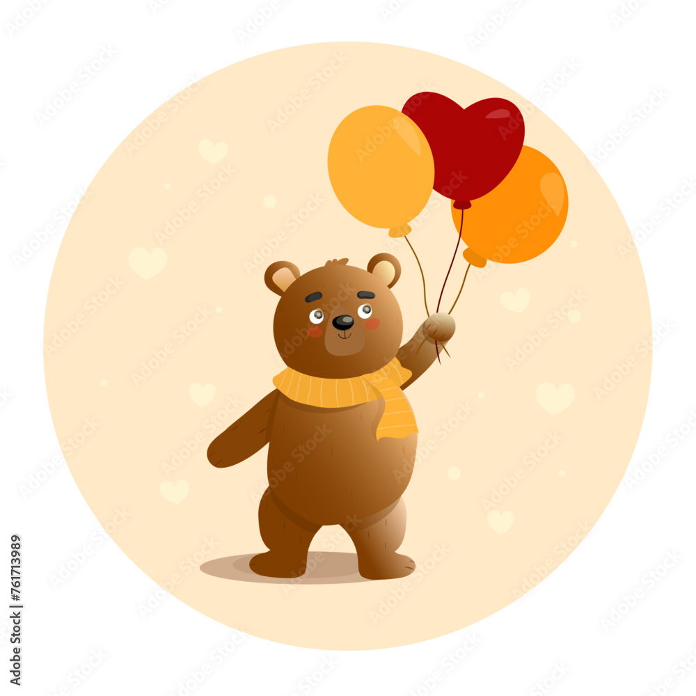 Сute character brown bear stands with red and orange balloons, and with heart. Hand drawn vector illustration. Сhildren's mother's day card. Greeting card for Valentine day. Сute character brown bear stands with red and orange balloons, and with heart. Hand drawn vector illustration. Сhildren's mother's day card. Greeting card for Valentine day.