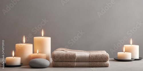 Spa still life with candles, towels and stones on grey background.
