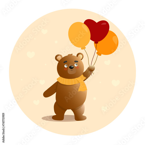 Сute character brown bear stands with red and orange balloons, and with heart. Hand drawn vector illustration. Сhildren's mother's day card. Greeting card for Valentine day.