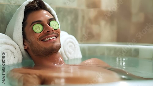 Happy man taking bath with cucumber mask photo