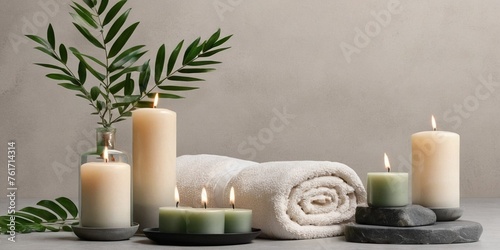 Spa still life with candles, towel and plants on grey background.