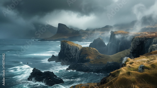 Majestic Cliffs And Stormy Seascape Under Sunrays