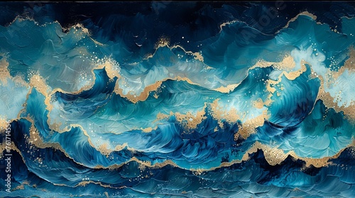 An abstract depiction of a stormy sea, where the tumultuous waves are captured in the dynamic application of oil paints. 