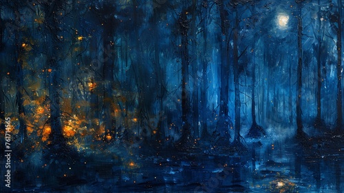 An abstract expression of a forest at night, where shadows and moonlight play in an intricate dance.