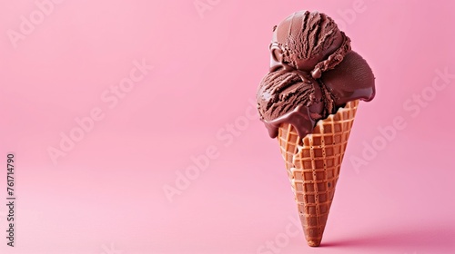 A scoop of chocolate ice cream in a waffle cone against a pink background.
