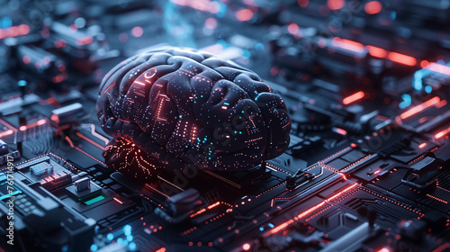 AI Technology Concept: Human Brain Connected to Circuit Board © @foxfotoco