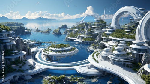 Futuristic City Amidst Mountains and Water