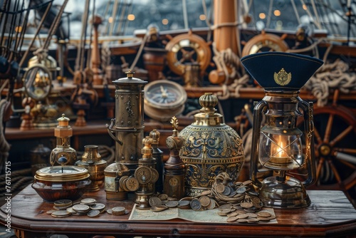 marine set for adveturers, old map, compass, wood, brass equipment, telescope © Дмитро Петрина