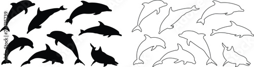 Fish icons set showing aquatic animals with various fins  scales  tails and gills swimming in water. Design element for logo  label  sign. Black flat or line vector isolated on transparent background