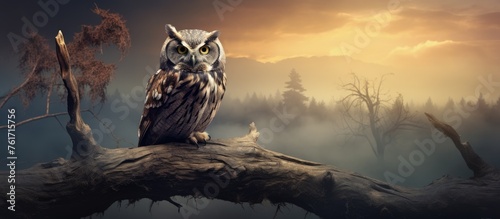 A bird of prey, the owl, perches on a tree branch in the midst of a lush forest. Its sharp beak and keen eyes scan the sky for prey