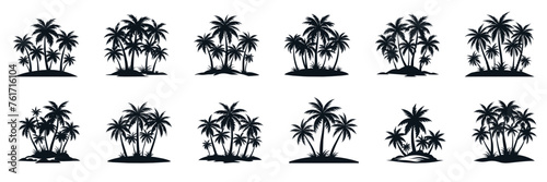 Collection of palm tree island silhouette. Hand drawn vector art.