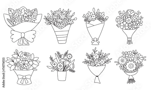 Collection of bouquet in doodle style. Hand drawn vector art.