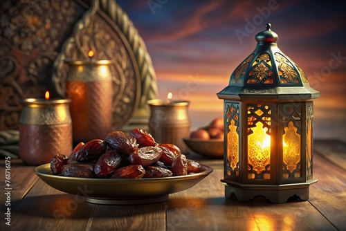 Ramadan Kareem iftar with dates. Ramadan lantern evening lights.