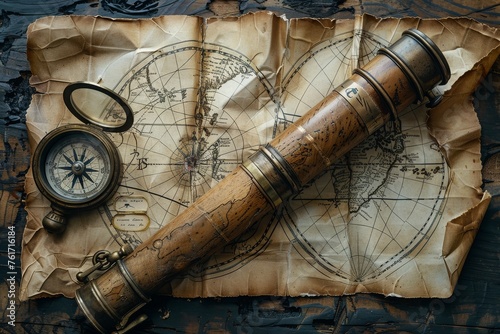 marine set for adveturers, old map, compass, wood, brass equipment, telescope