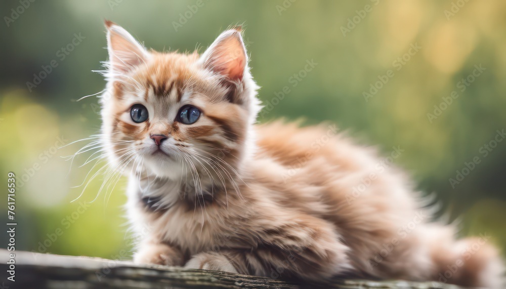 Cute orange tabby kitten sitting on a wooden surface with a soft-focus nature background