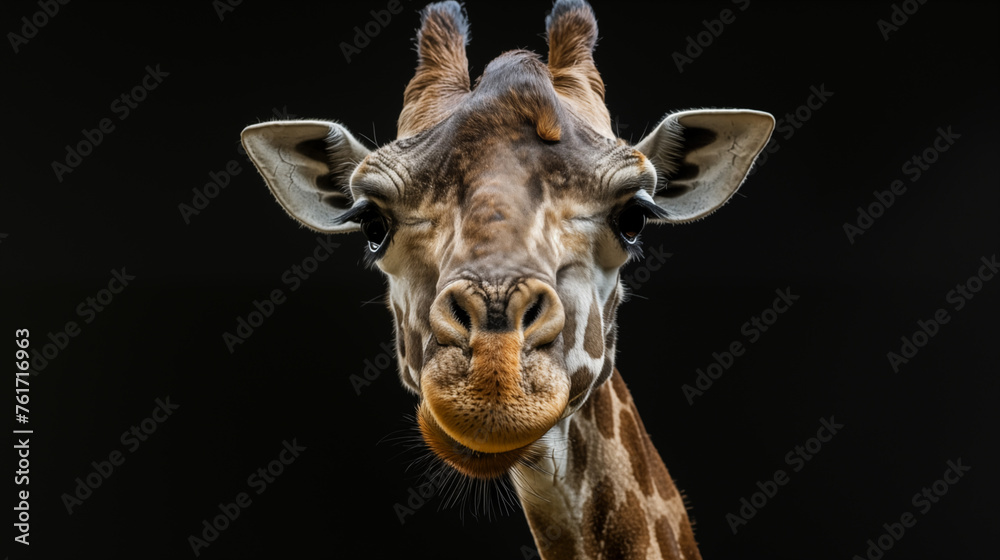 The majestic head of a giraffe stands out against a studio-lit black background, showcasing its unique pattern and graceful features