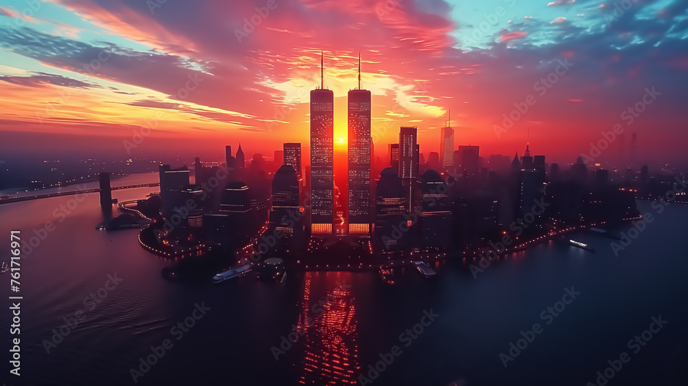 Illustration of New York City skyline with Twin Towers at night, cinematic color of World Trade Center named as Twin Towers, destroyed in September 11, 2001. - obrazy, fototapety, plakaty 