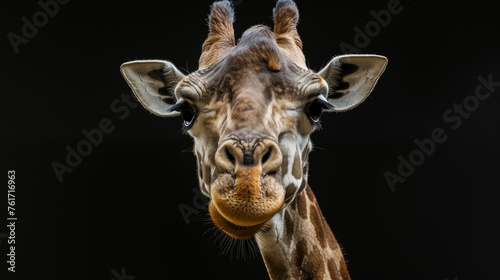 The majestic head of a giraffe stands out against a studio-lit black background  showcasing its unique pattern and graceful features