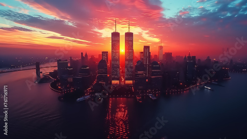 Illustration of New York City skyline with Twin Towers at night, cinematic color of World Trade Center named as Twin Towers, destroyed in September 11, 2001. photo