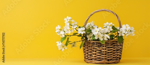 Wooden basket with flowering summer field daisies and violet wildflowers isolated on yellow background. AI generated illustration © Fatima