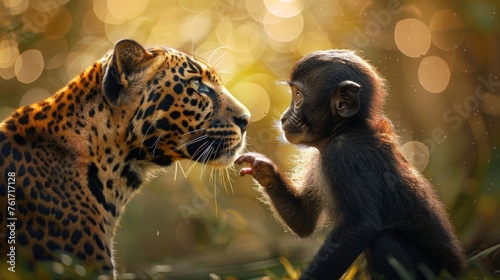 Interspecies bond  panther and monkey gaze in lush jungle, showcasing diverse animal relationships