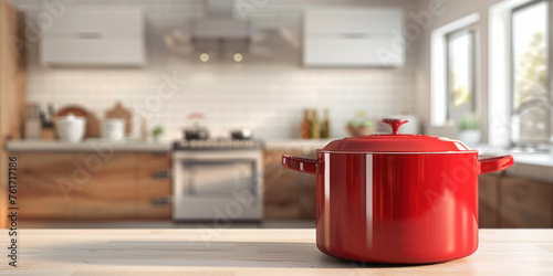 Bright Kitchen Space with Red Cookware. A vibrant red pot stands out on the wooden countertop of a sunny, well-appointed kitchen with modern appliances.