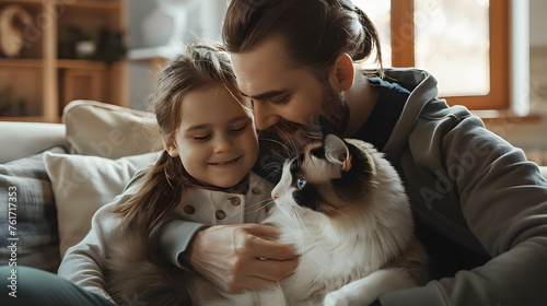 a full shot, a dad, a daughter, a ragdoll calico cat. Dad is sitting on the sofa in a modern livingroom with a wooden floor, dad is wearing a black shirt under the grey jacket holding a daughter  photo