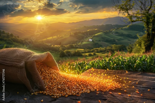 fresh corn cobs and dry seeds in bag on wooden table with green maize field on the background. Agriculture and harvest concept. AI generated illustration photo