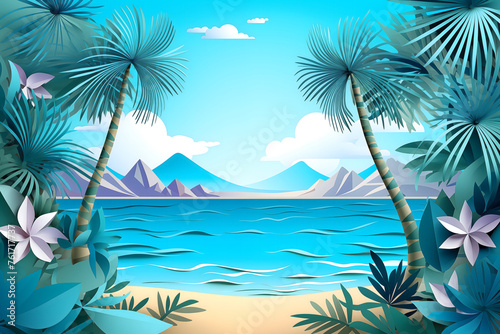 Incredible bright tropical beach landscape with beautiful palm trees bright sun coastal waves paper cut style tourism concept travel beach holidays spa industry relaxation