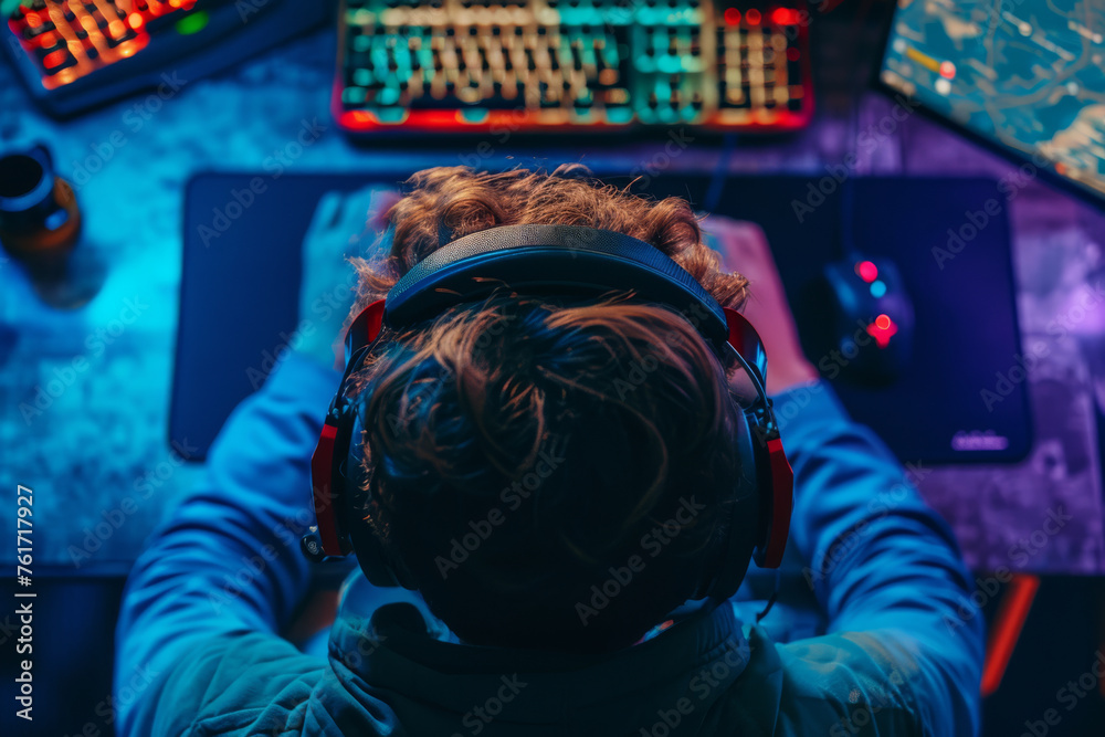 A professional gamer competes in online gaming tournaments on a computer, fully immersed in the gaming experience, wearing headphones. - obrazy, fototapety, plakaty 