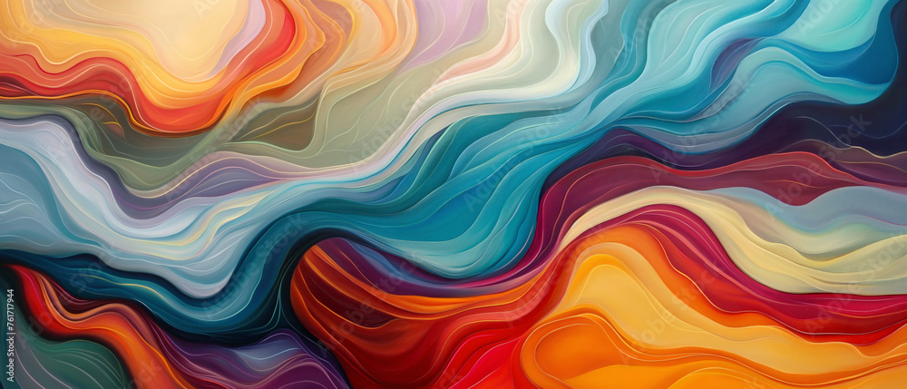 Fototapeta premium Flowing Waves of Abstract Light in Soft Blue and Orange Satin Fabric