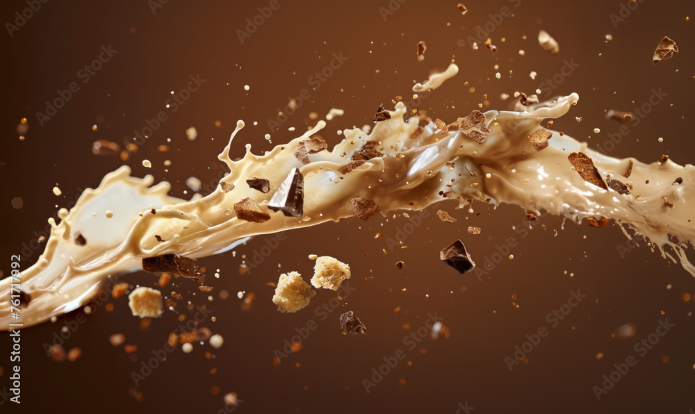 Dynamic splash of milk and chocolate chunks captured mid-air - obrazy, fototapety, plakaty 