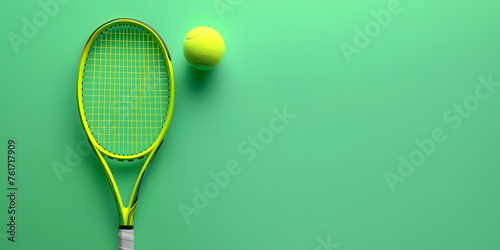 banner,tennis racket with a ball on a green background in ,place for text,concept of sports materials,news posters and posters,advertising of sports equipment © Наталья Лазарева
