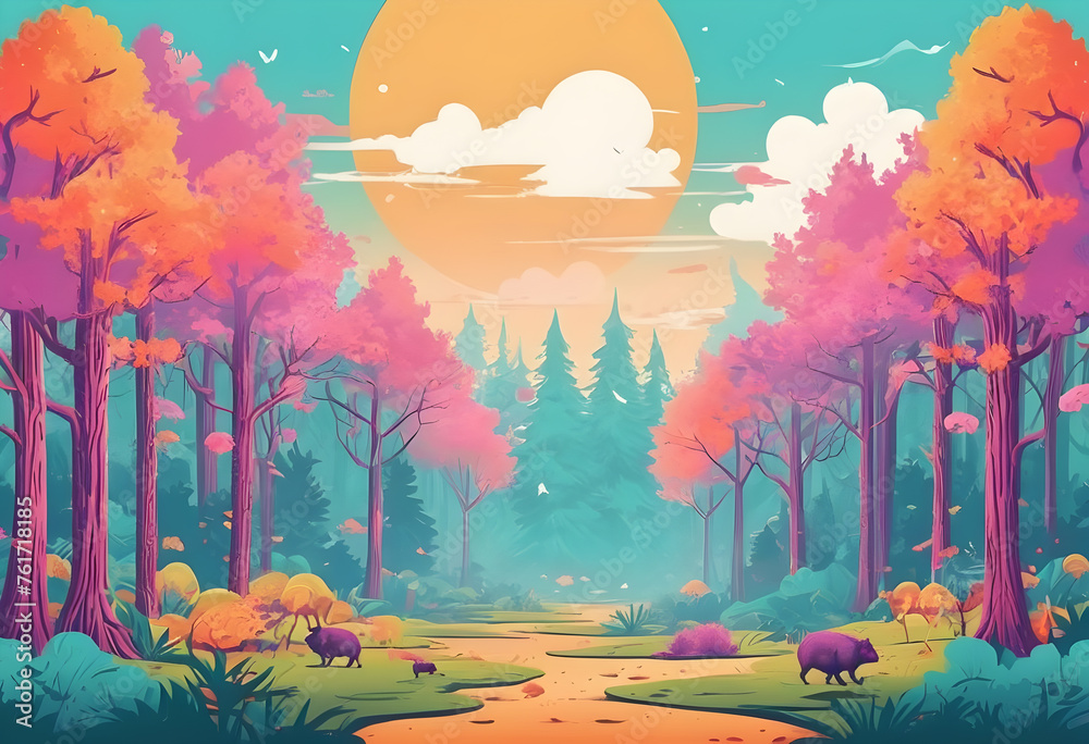 A colorful landscape with trees and a sunset,  Illustration of a misty summer woodland Ornamental backdrop Generative ai