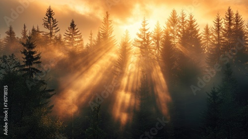 Misty Forest Sunrise. Golden sunrise rays filter through the mist in a dense forest. Resplendent.