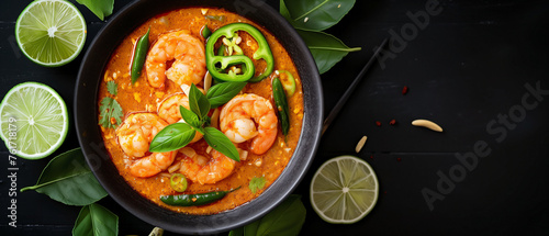 A bowl of Tom Yum Kung soup, which contains peeled prawns and fresh lime slices on top