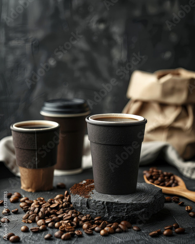 The flat lay concept of a hot tasty drink, a cup of good quality cappuccino, espresso or filter coffee, enjoyment is guaranteed. Minimal black background.