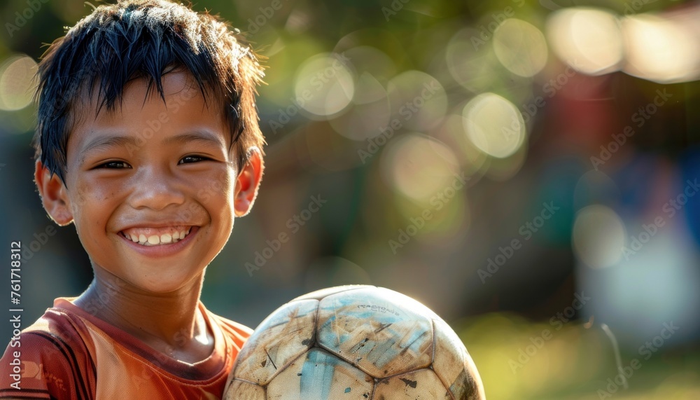 Naklejka premium Joyful boy with a soccer ball outdoors