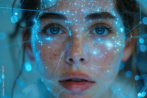 High-Tech Facial Recognition with Network Graphics and Light Particles.