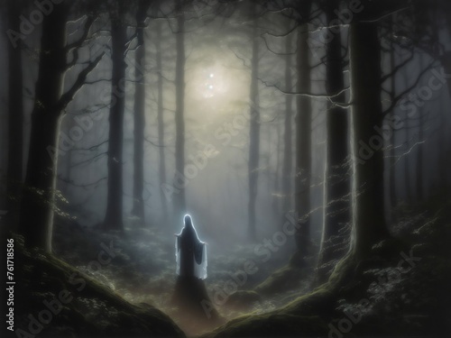 "Ghostly Woods: Ethereal Encounters in Moonlit Forest"